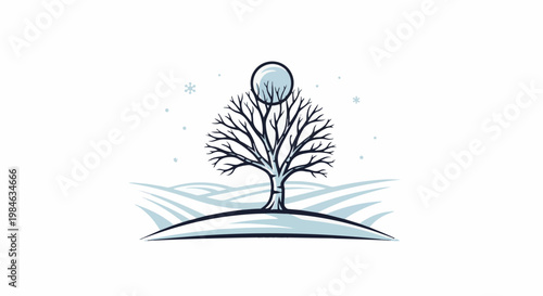 Stylized bare tree adorned with a orb against a snowy landscape