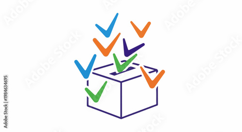 Stylized ballot box with colorful checkmarks symbolizing voting