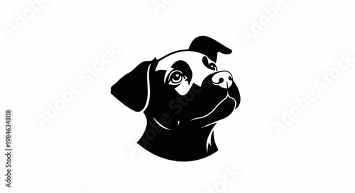 Stylized black and white portrait of a dog's head looking upward