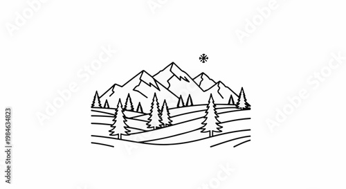 Stylized black and white drawing of mountain peaks, evergreen trees, and rolling hills