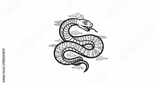 Stylized black and white serpent coiled amongst swirling clouds