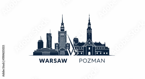 Stylized dark blue city skylines of Warsaw and Poznan in silhouette, separated by a "VS