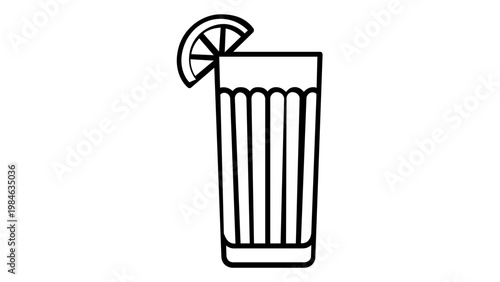 Vector icon illustration of a tall drinking glass with a citrus slice garnish. Minimalist line art design of a highball glass for cocktails, juice, or soda. Scalable flat graphic element.