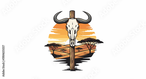 Stylized African savanna sunset scene with a prominent animal skull mounted on a wooden post