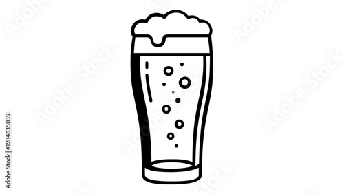 Minimalist black and white vector illustration of a beer glass with foam and bubbles. Flat line icon of a pint of lager or ale, perfect for bar, pub, and brewery branding. Scalable AI-generated.