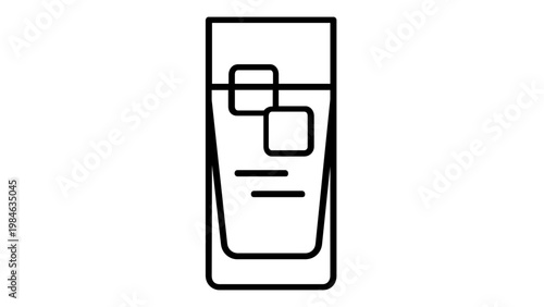 Minimalist vector icon illustration of a refreshing tall glass filled with liquid and ice cubes. Clean black line art design for beverage menus, bar signage, or modern kitchen applications.