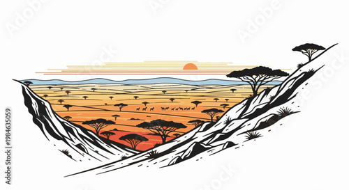 Stylized African savanna landscape with acacia trees, wildlife, and sunset