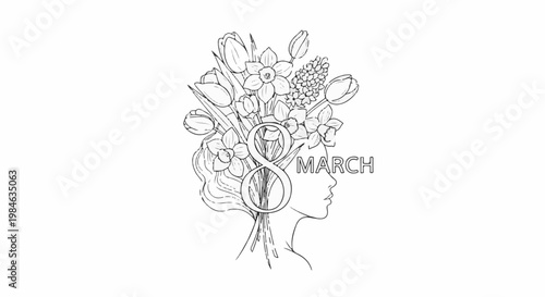 Stylized female profile adorned with a bouquet and the number 8
