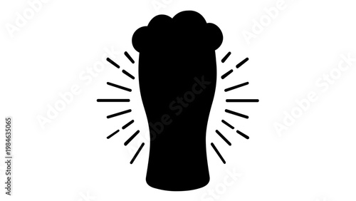 Minimalist black silhouette vector icon of a beer glass with foam and radiating sunburst lines, isolated on white. Scalable flat illustration for brewery, bar, or pub branding and design.