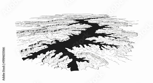 Stylized aerial view of a dark, winding river carving through a layered, arid landscape