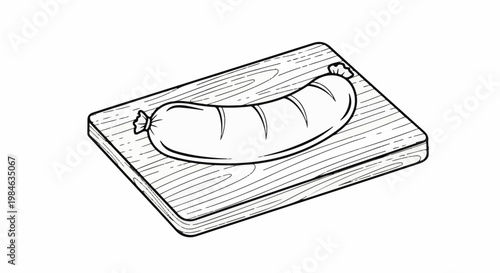 Stylized illustration of a plump sausage on a wooden cutting board