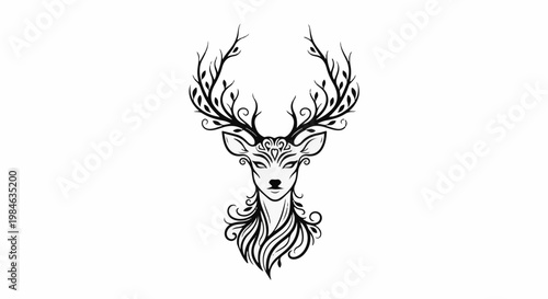 Stylized deer head with elaborate branching antlers and flowing mane