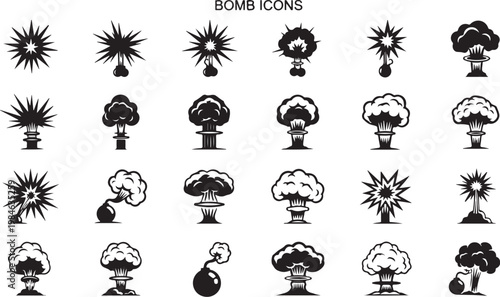 Photos Bomb icons, explosion symbols, blast graphics, detonation signs
