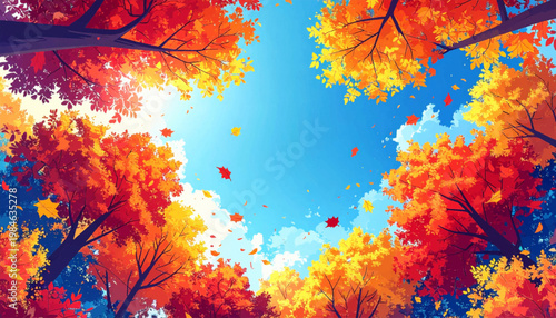 Autumn canopy framing azure sky with swirling scarlet foliage. Crisp seasonal treetops surrounding bright clouds plus falling leaves. Vivid harvest scene for calendar banner promotion