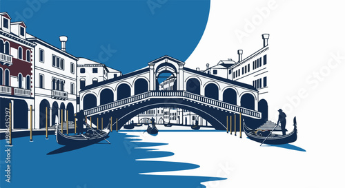 Stylized depiction of a grand arched bridge over a canal with gondolas and buildings