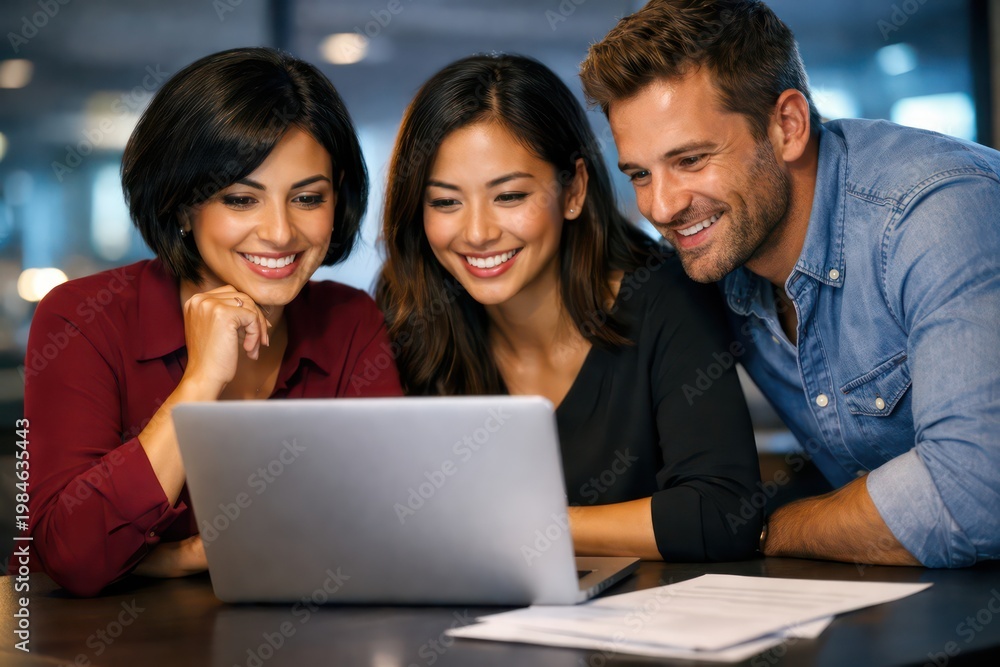 Fototapeta premium Diverse business team collaborating on a laptop, professional colleagues working together in a modern office, happy multi-ethnic group reviewing digital content