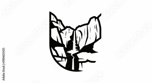 Stylized depiction of a waterfall cascading down rocky cliffs