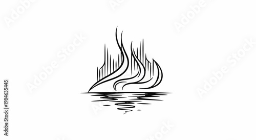 Stylized flame rising above reflected abstract city