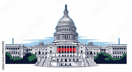 Stylized depiction of the United States Capitol building with a dome and columns