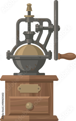 Vintage manual coffee grinder flat vector illustration isolated on white background