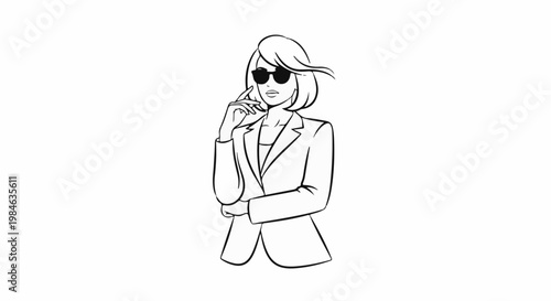 Stylish woman in blazer and sunglasses, contemplating