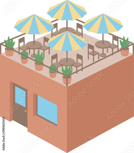 Isometric illustration of a building with a charming rooftop patio featuring tables, chairs, umbrellas, and potted plants, perfect for outdoor dining.