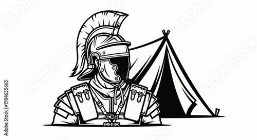 Stylized illustration of a Roman soldier in armor next to a tent