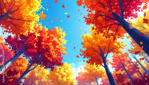 Towering trunks rise through amber crowns toward clear heaven. Fiery foliage corridor showing breezy seasonal atmosphere. Bold woodland artwork suited travel brochure design