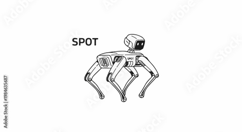 Stylized black and white illustration of a four-legged robotic animal with a camera head