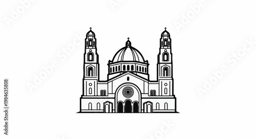 Stylized black and white illustration of a large church with a central dome and two towers