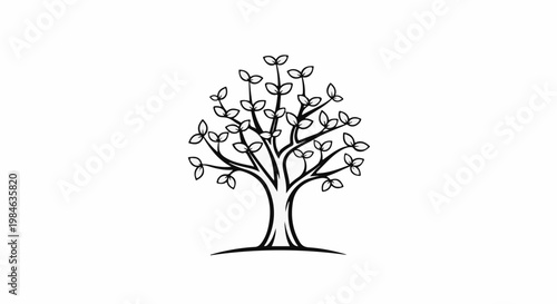 Stylized black and white illustration of a leafless tree with subtle leaf shapes