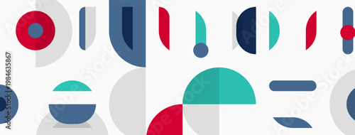 Abstract geometric shapes overlap, creating colorful composition. Circles, rectangles, lines form modern design. Minimalist aesthetic.