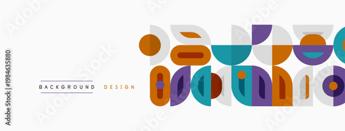 Retro geometric pattern. Shapes overlap, creating vibrant visual texture. Colors include purple, orange, teal, yellow. Simple design.