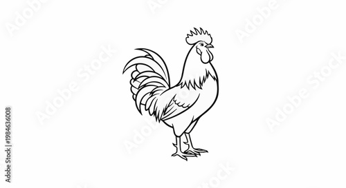 Stylized black and white illustration of a proud rooster standing tall