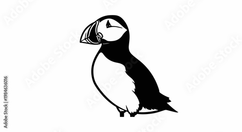 Stylized black and white illustration of a puffin bird with a distinctive beak
