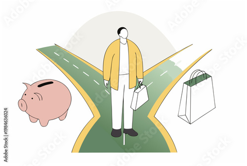 Man standing at a crossroads. Financial decision moment between saving money and shopping. Vector illustration for finance concept