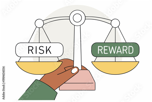 Human hand holding balance scale with risk and reward choices. Financial decision moment and investment concept. Vector illustration
