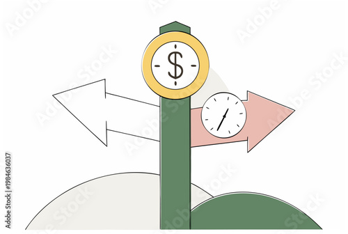 Pointer street sign with dollar and clock symbols, showing financial decision crossroads. Time and money choice concept vector illustration.