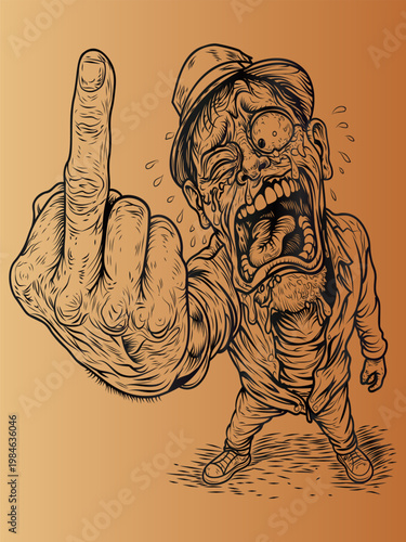 Angry Man Screaming and Giving Middle Finger. Exaggerated Cartoon of Frustration and Defiance.