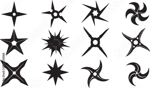 Black ninja star icons, throwing star symbols, shuriken set, vector graphics