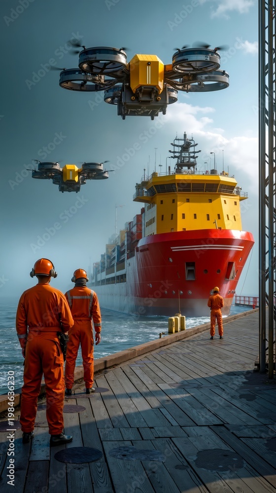 Fototapeta premium A group of men standing on a dock next to a large ship
