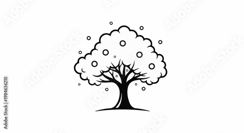 Stylized black and white illustration of a tree with circular fruit and falling dots