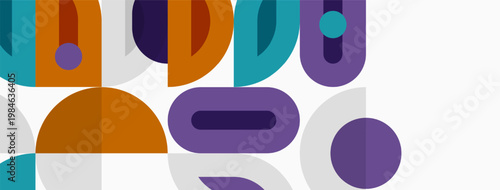 Abstract geometric shapes overlap, creating vibrant color blocks. Composition feels modern, playful, dynamic. Simple forms dominate design.