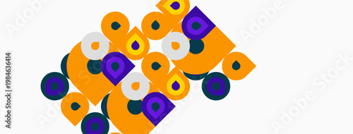 Abstract geometric shapes, orange purple tones, scattered composition. Minimalist design, playful forms, modern aesthetic.