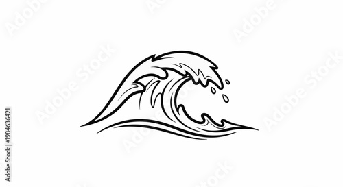 Stylized black and white drawing of a cresting ocean wave with water droplets