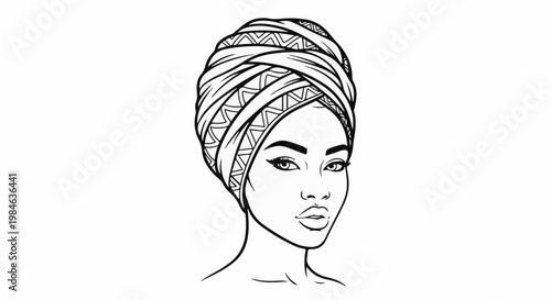 Striking black and white portrait of a woman wearing a patterned headscarf