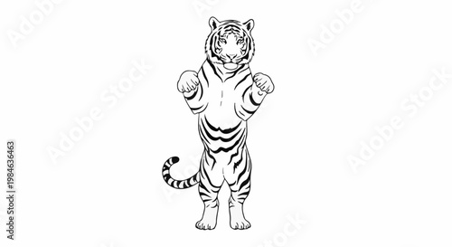 Striking black and white illustration of a tiger standing on hind legs