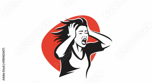 Stressed woman in black shirt, hands on head, mouth open, red oval