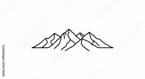 Stylized line art depicts a mountain range with sharp peaks and visible slopes