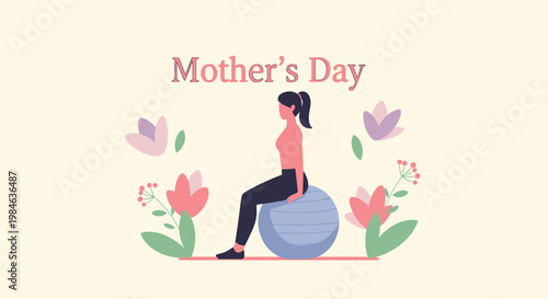 Woman exercising on fitness ball with flowers.